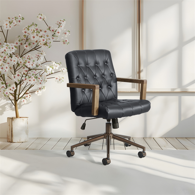 Scranton & Co Button Tufted Office Chair in Black Faux Leather Bronze Base