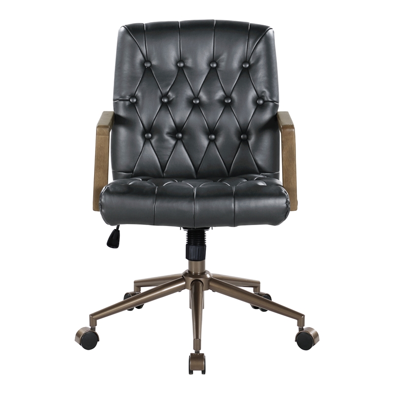 Scranton & Co Button Tufted Office Chair in Black Faux Leather Bronze Base