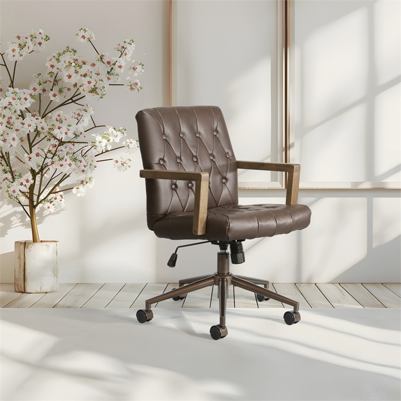 Scranton & Co Button Tufted Office Chair in Chocolate Faux Leather Bronze Base
