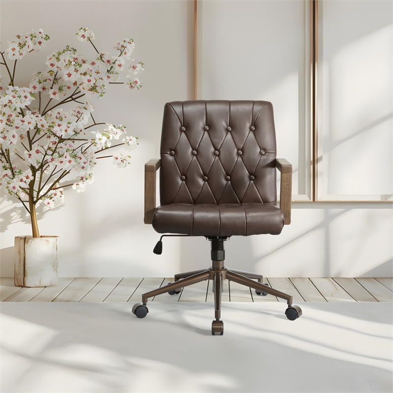 Scranton & Co Button Tufted Office Chair in Chocolate Faux Leather Bronze Base