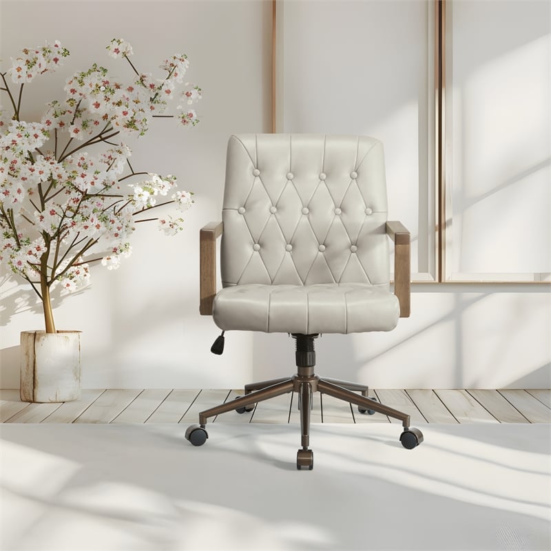 Scranton & Co Button Tufted Office Chair in Taupe Faux Leather Bronze Base