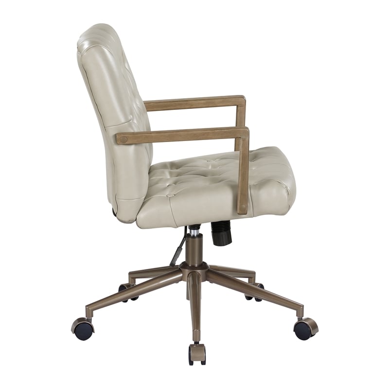 Scranton & Co Button Tufted Office Chair in Taupe Faux Leather Bronze Base