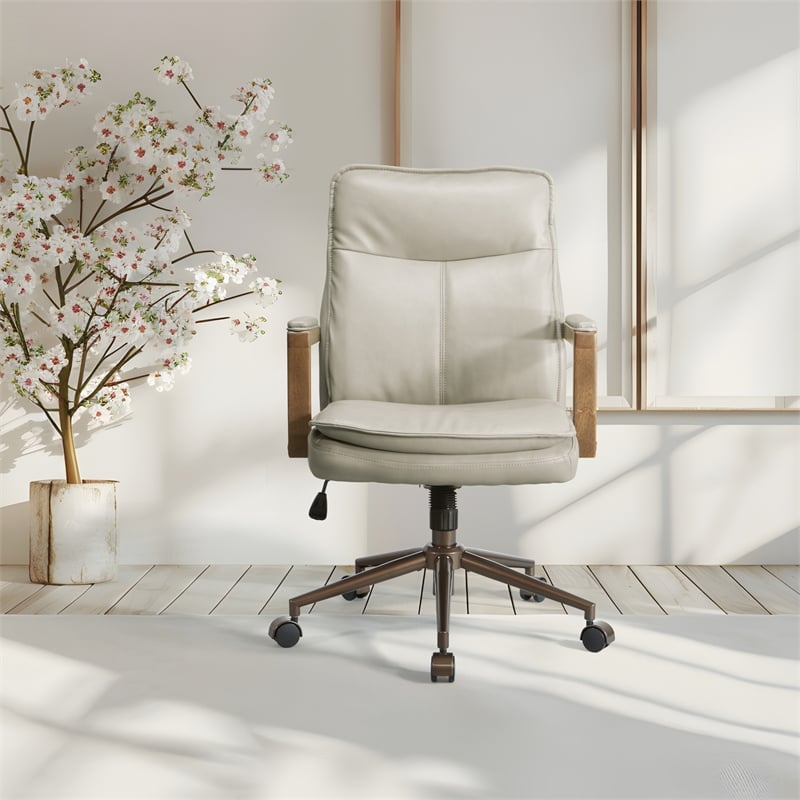 Scranton & Co High Back Office Chair in Taupe Faux Leather Bronze Base