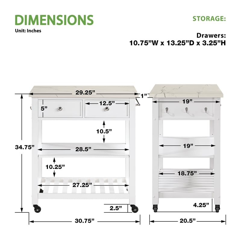 Scranton & Co Farmhouse Kitchen Cart Faux Marble Top in White Wood Finish
