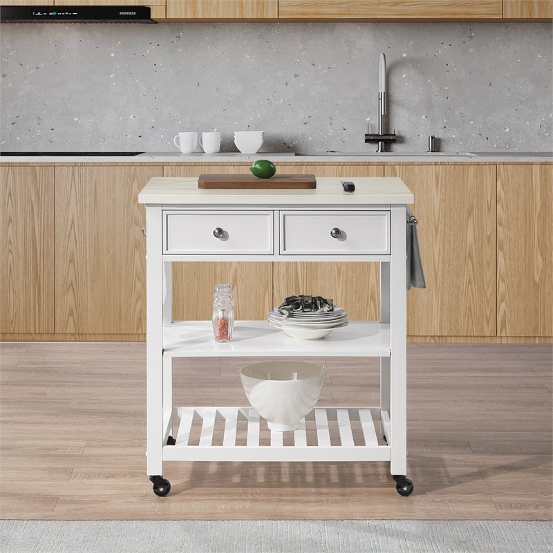 Scranton & Co Farmhouse Kitchen Cart Faux Marble Top in White Wood Finish