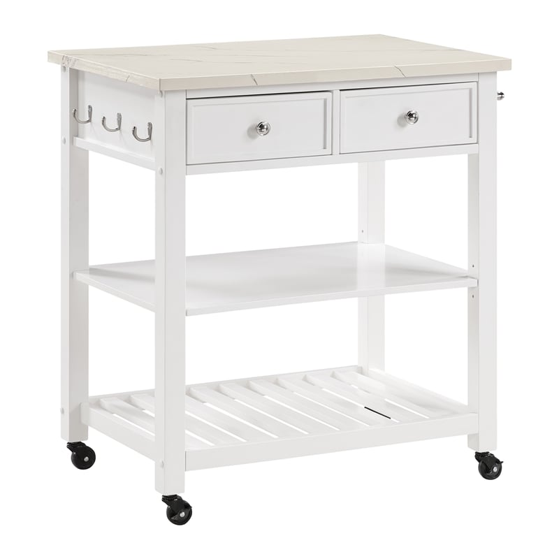 Scranton & Co Farmhouse Kitchen Cart Faux Marble Top in White Wood Finish