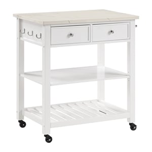 Scranton & Co Farmhouse Kitchen Cart Faux Marble Top in White Wood Finish