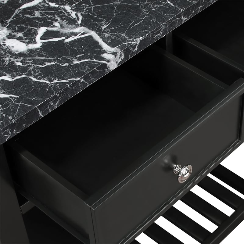 Scranton & Co Farmhouse Kitchen Cart Faux Marble Top in Black Wood Finish
