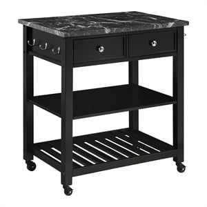 Scranton & Co Farmhouse Kitchen Cart Faux Marble Top in Black Wood Finish