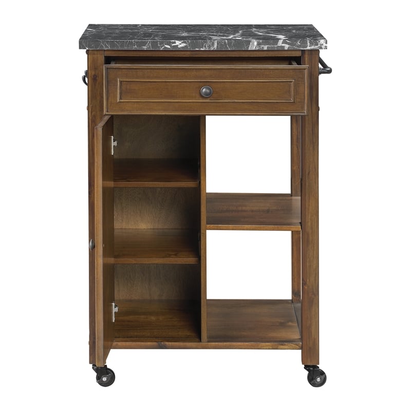 Scranton & Co Farmhouse Kitchen Cart Faux Marble Top in Oak Finish Wood
