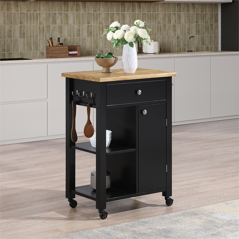 Scranton & Co Farmhouse Kitchen Cart Butcher Block Top in Black Wood Finish
