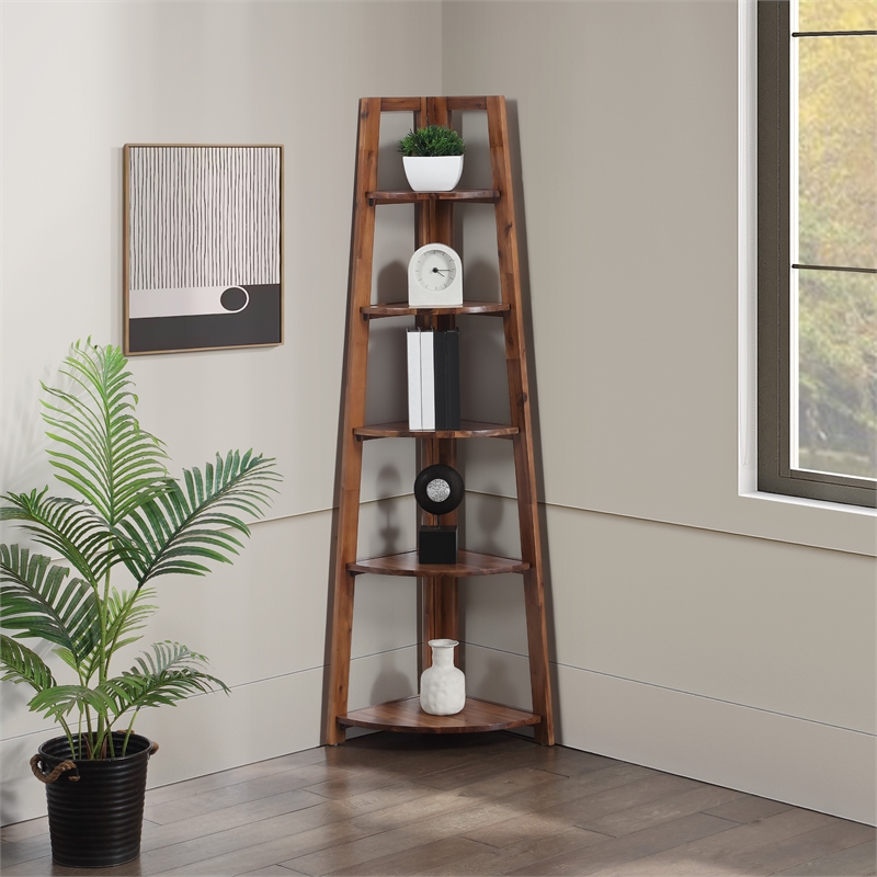 Scranton & Co 5-Shelf Corner Folding Bookcase in Brown Acacia Wood Finish