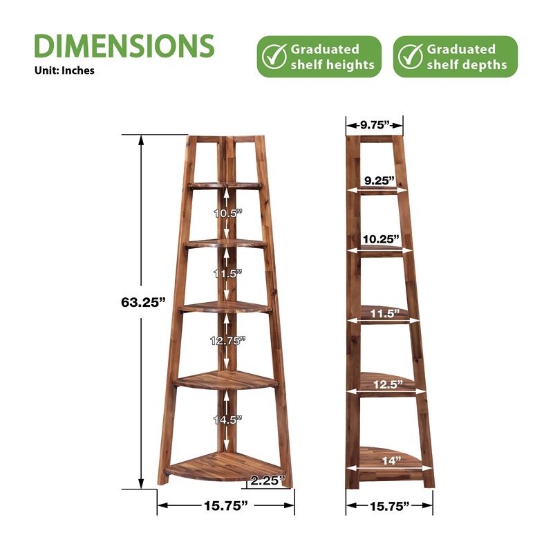 Scranton & Co 5-Shelf Corner Folding Bookcase in Brown Acacia Wood Finish