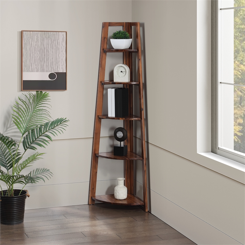 Scranton & Co 5-Shelf Corner Folding Bookcase in Brown Acacia Wood Finish