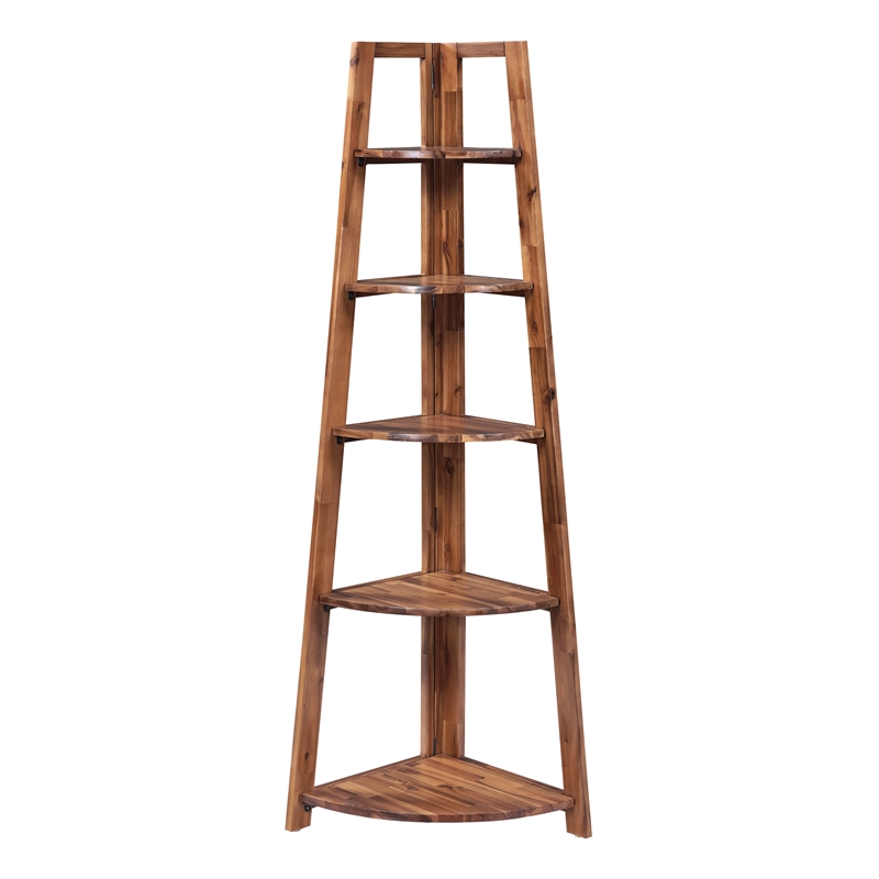 Scranton & Co 5-Shelf Corner Folding Bookcase in Brown Acacia Wood Finish