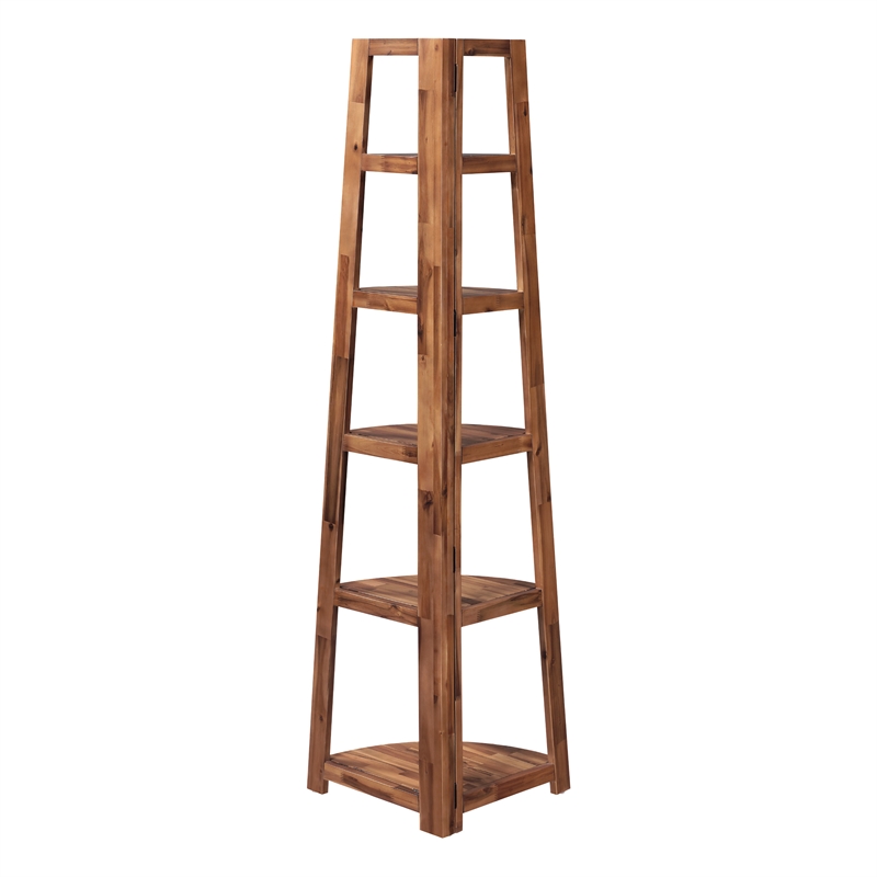 Scranton & Co 5-Shelf Corner Folding Bookcase in Brown Acacia Wood Finish