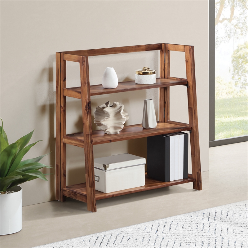Scranton & Co 3-Shelf Folding Bookcase in Brown Acacia Wood Finish