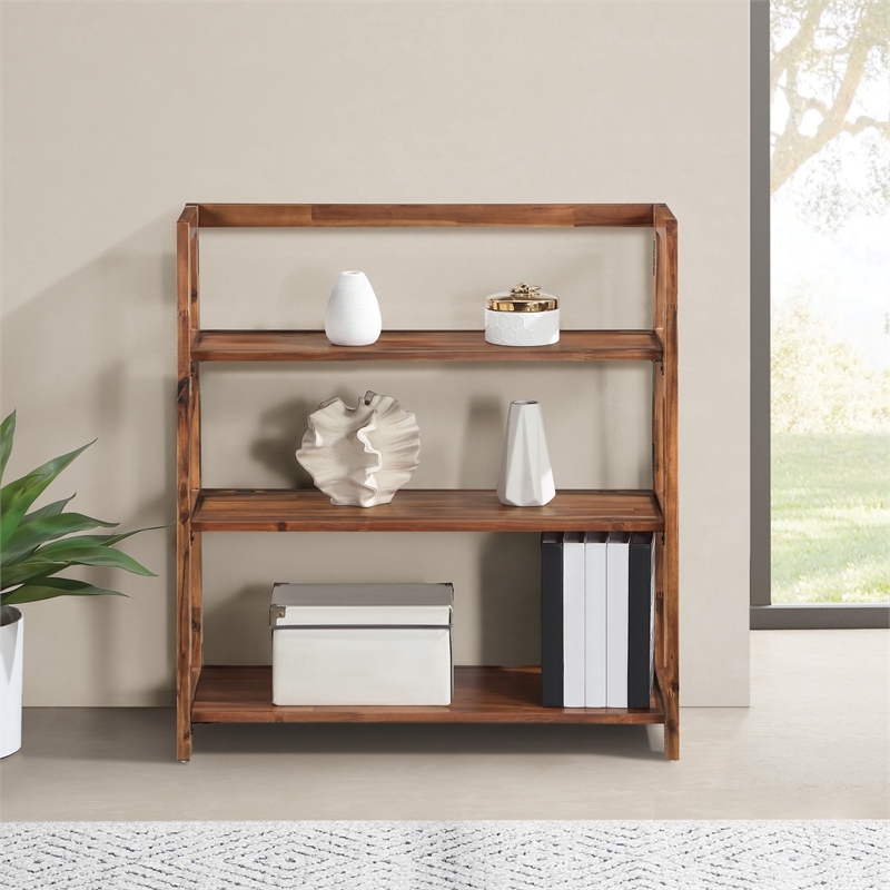 Scranton & Co 3-Shelf Folding Bookcase in Brown Acacia Wood Finish