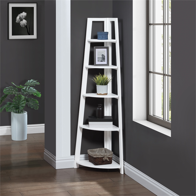 Scranton & Co 5-Shelf Corner Folding Bookcase in Willow White Solid Wood