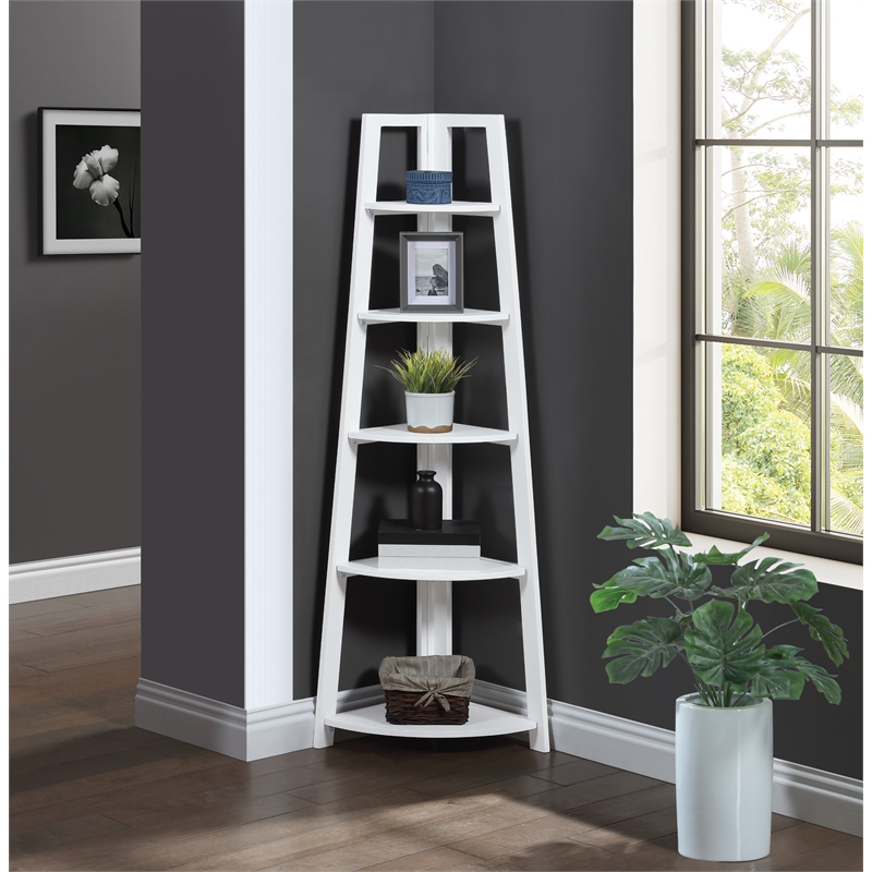 Scranton & Co 5-Shelf Corner Folding Bookcase in Willow White Solid Wood