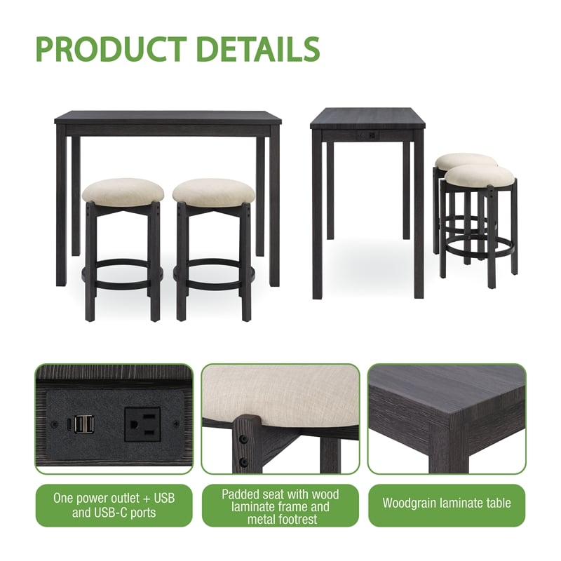Scranton & Co 3-Piece Counter Height Dining Set with Power in Black Wood