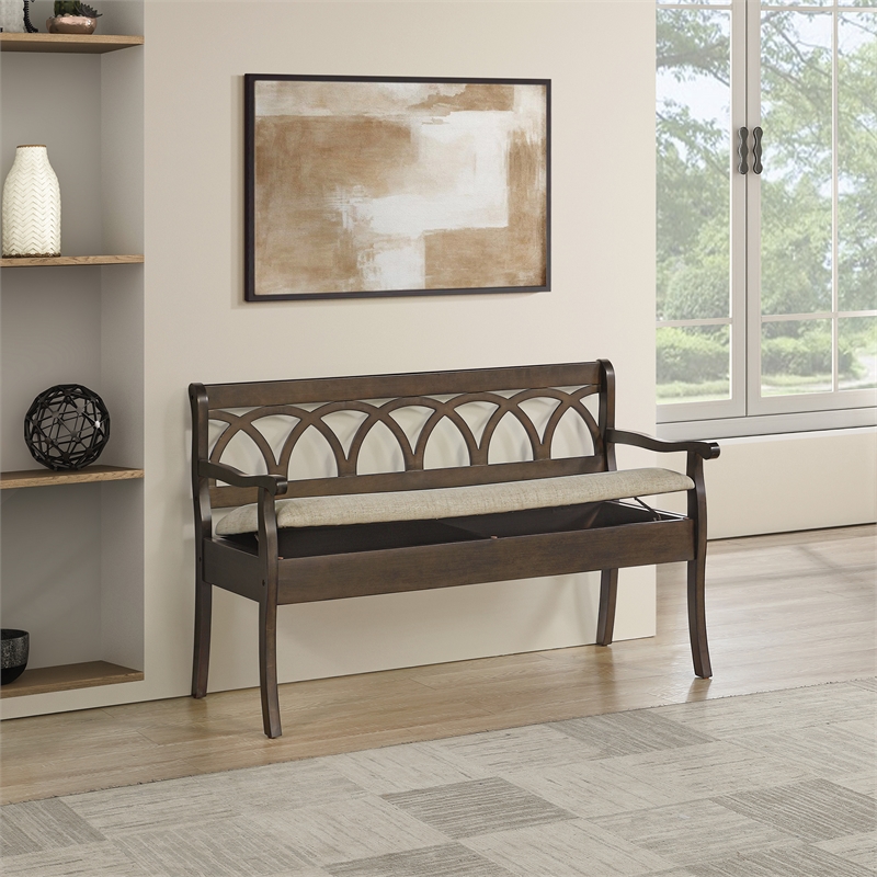 Scranton & Co Storage Bench in Dark Walnut Finish with Beige Seat Cushion