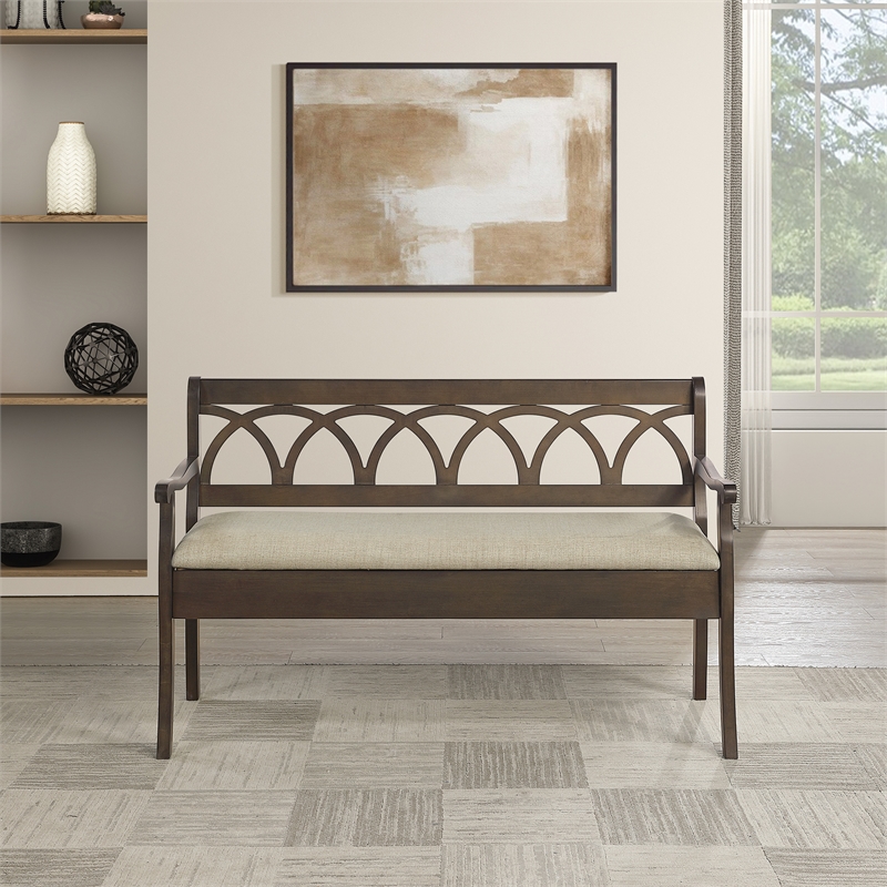 Scranton & Co Storage Bench in Dark Walnut Finish with Beige Seat Cushion