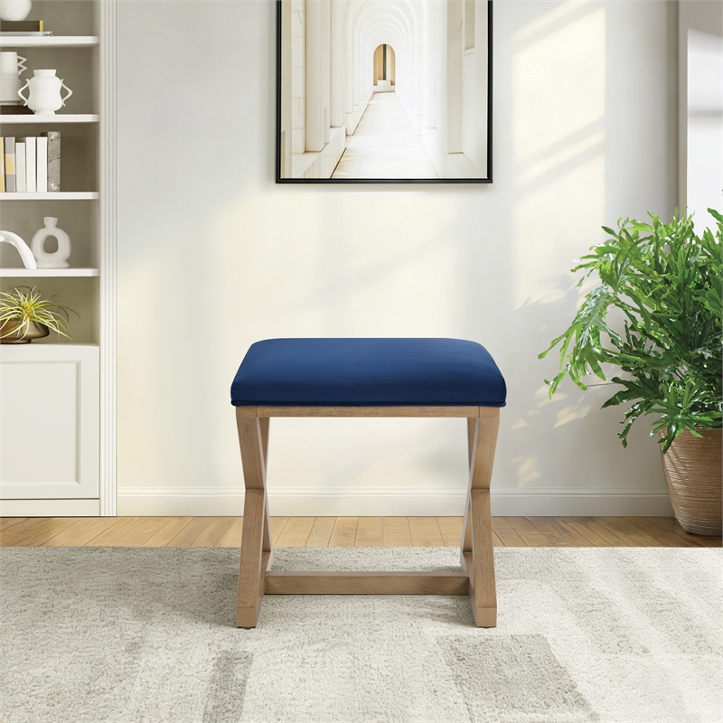 Scranton & Co X-Frame Accent Stool in Navy Fabric with Medium Oak Wood Base