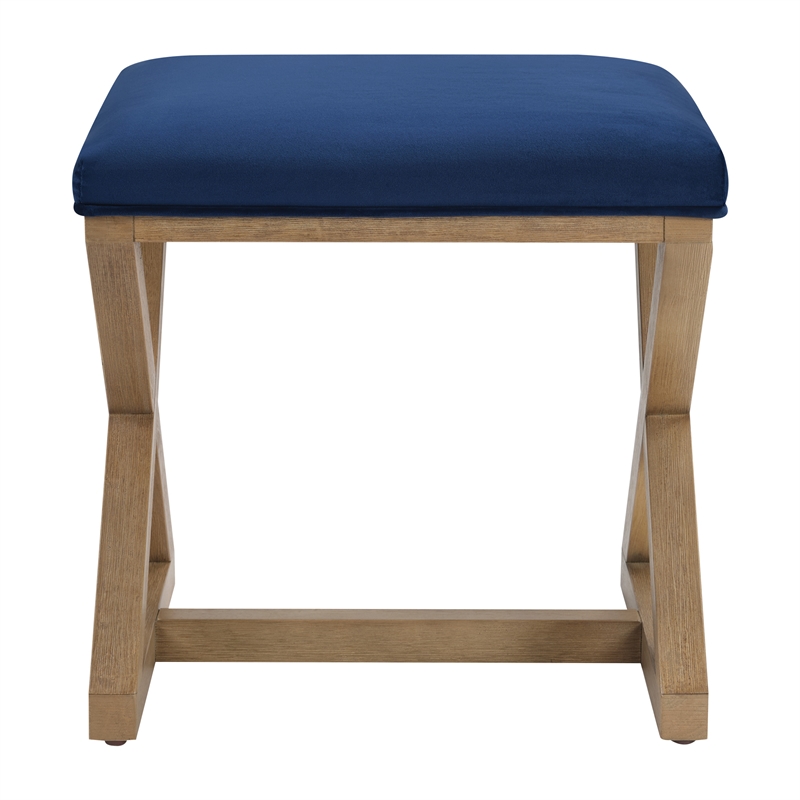 Scranton & Co X-Frame Accent Stool in Navy Fabric with Medium Oak Wood Base