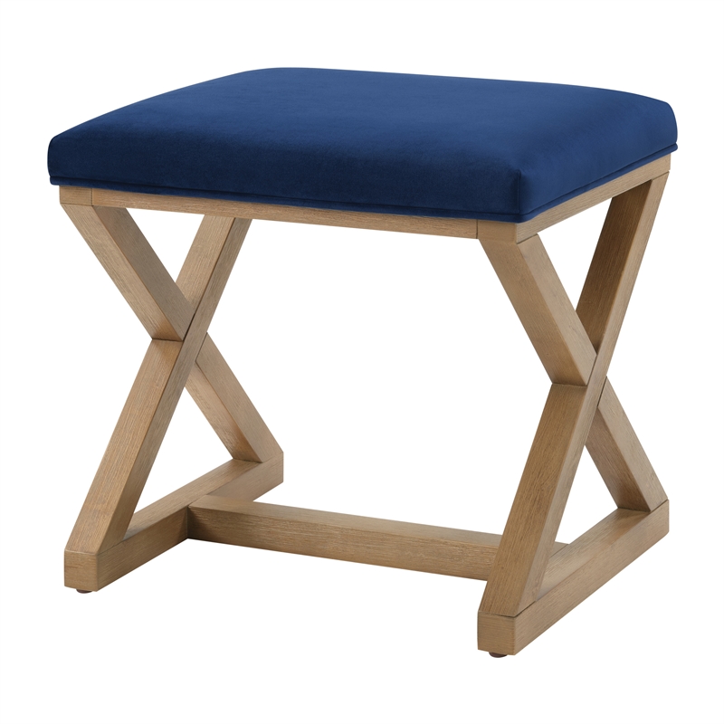 Scranton & Co X-Frame Accent Stool in Navy Fabric with Medium Oak Wood Base