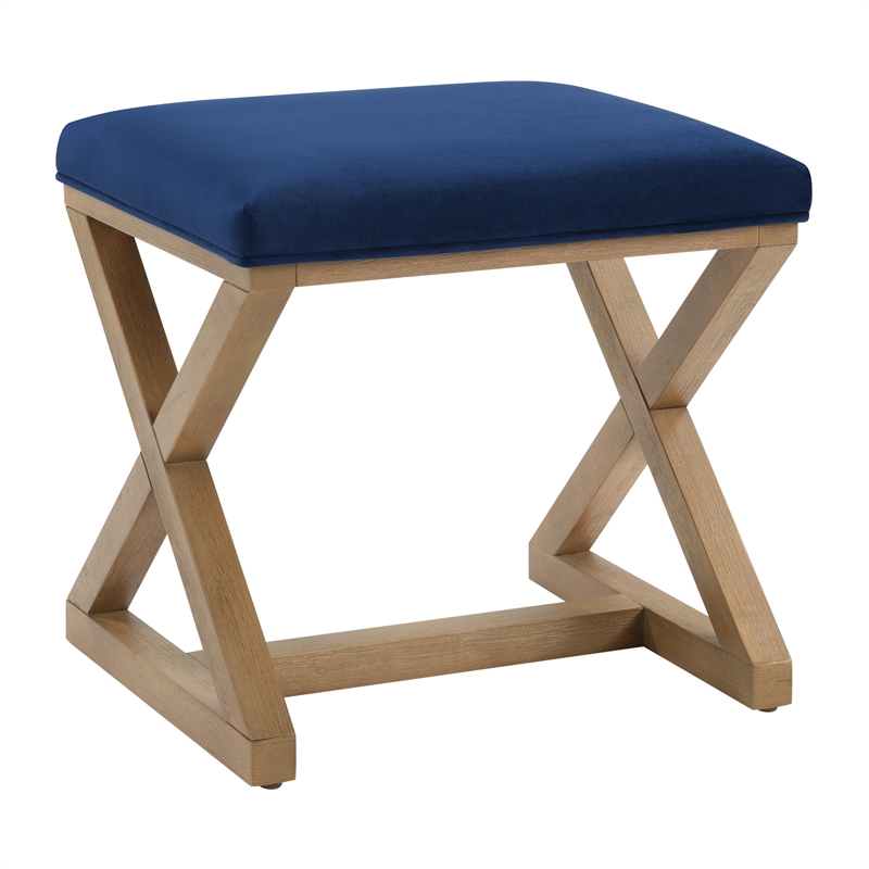 Scranton & Co X-Frame Accent Stool in Navy Fabric with Medium Oak Wood Base