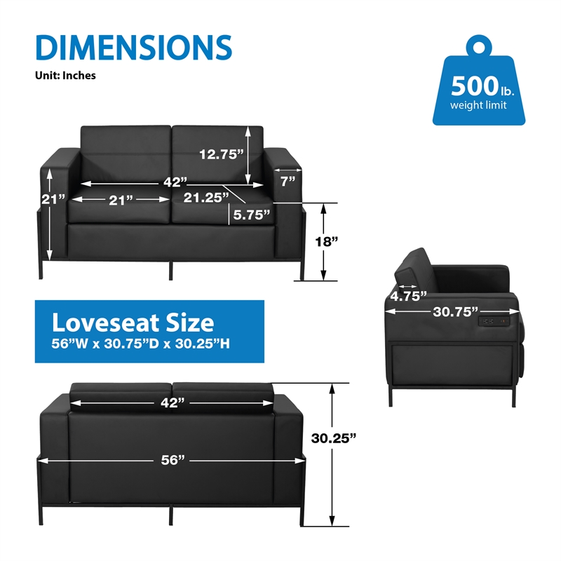 Scranton & Co Loveseat in Black Faux Leather with Black Metal Legs