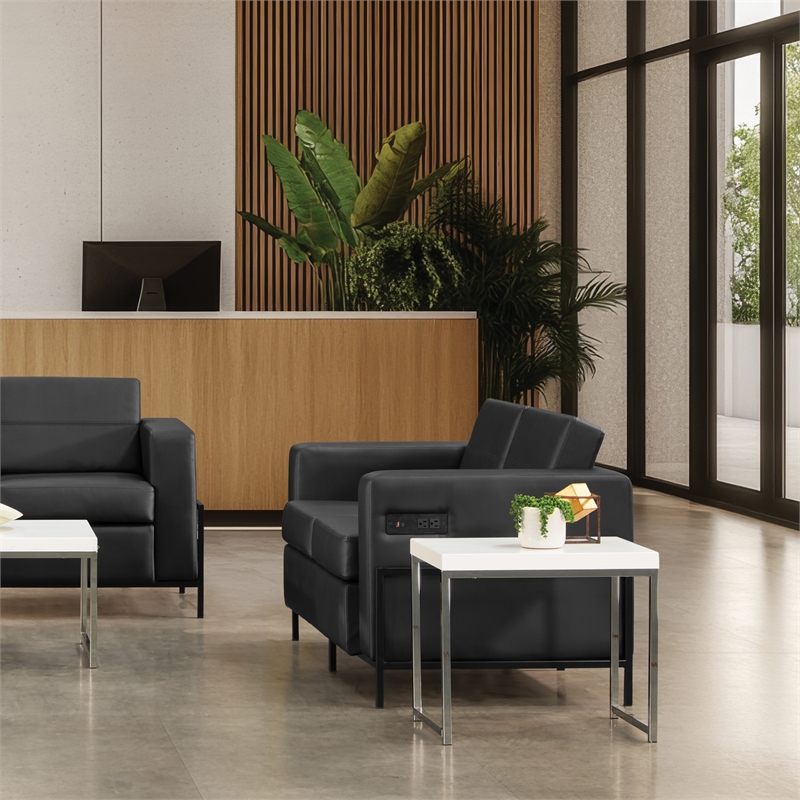 Scranton & Co Loveseat in Black Faux Leather with Black Metal Legs