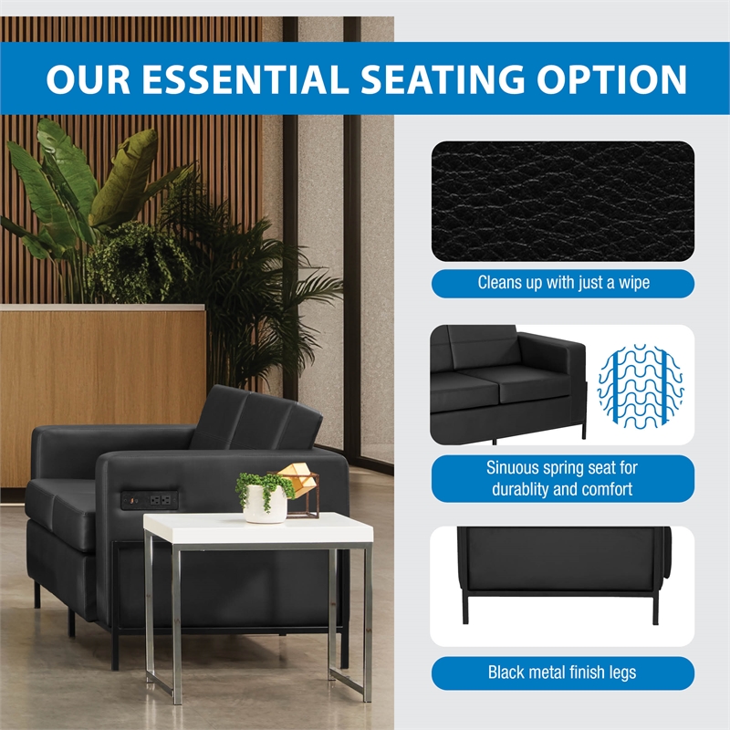 Scranton & Co Loveseat in Black Faux Leather with Black Metal Legs
