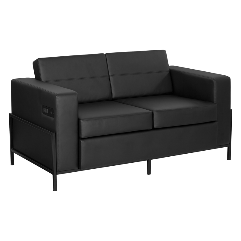 Scranton & Co Loveseat in Black Faux Leather with Black Metal Legs