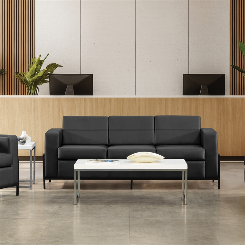 Scranton & Co Sofa in Black Faux Leather with Black Metal Legs