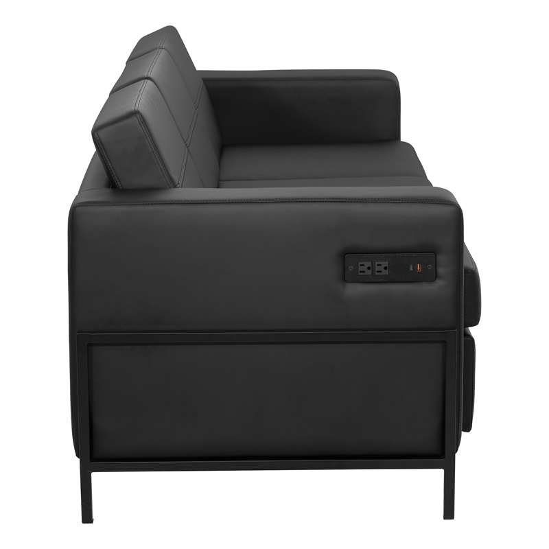Scranton & Co Sofa in Black Faux Leather with Black Metal Legs
