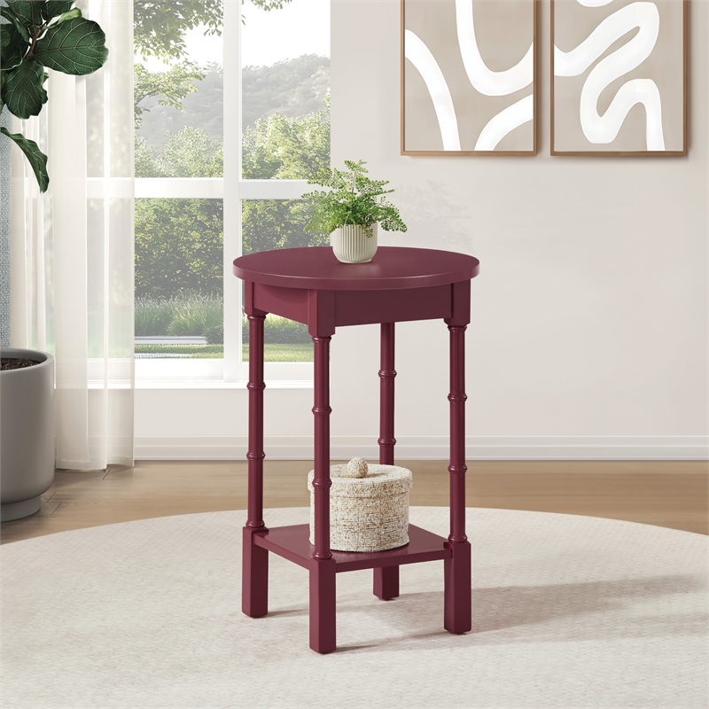 Scranton & Co Contemporary Round Maroon Wood Side Table with Lower Shelf