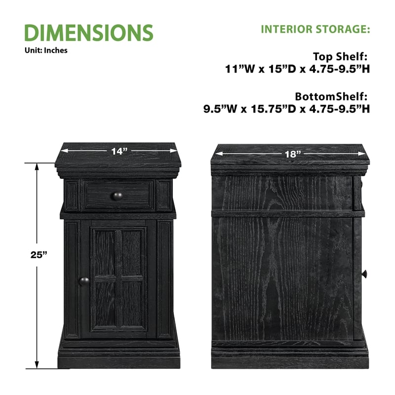 Scranton & Co Black Wood Side Table with Drawer Glass Door and Charging