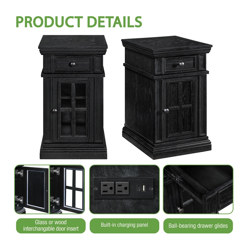 Scranton & Co Black Wood Side Table with Drawer Glass Door and Charging