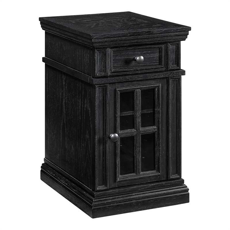 Scranton & Co Black Wood Side Table with Drawer Glass Door and Charging