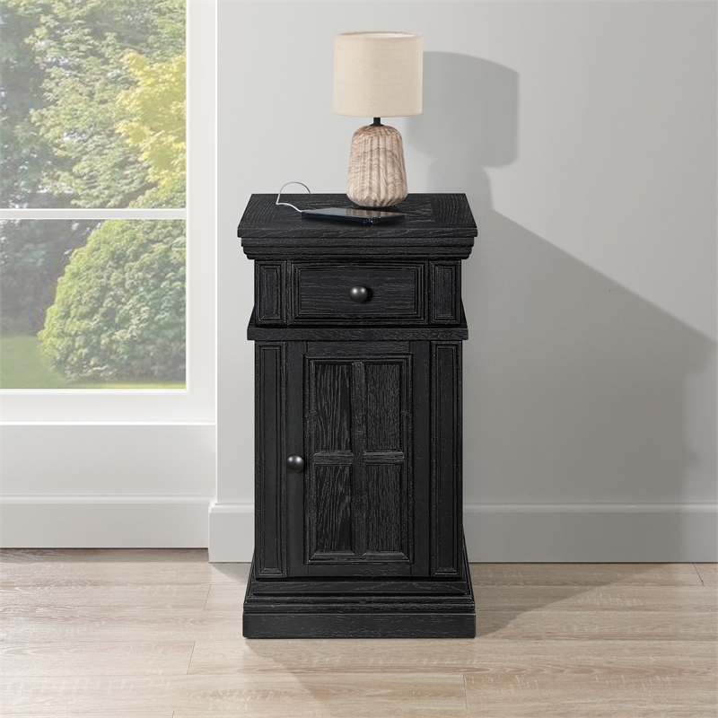 Scranton & Co Black Wood Side Table with Drawer Glass Door and Charging