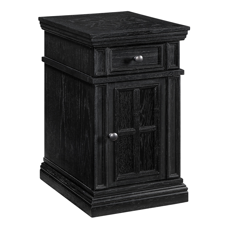 Scranton & Co Black Wood Side Table with Drawer Glass Door and Charging