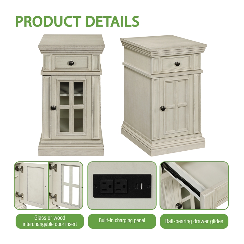 Scranton & Co White Wood Side Table with Drawer Glass Door and Charging