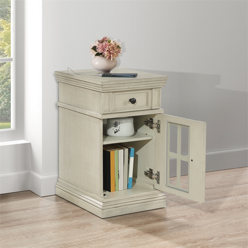 Scranton & Co White Wood Side Table with Drawer Glass Door and Charging