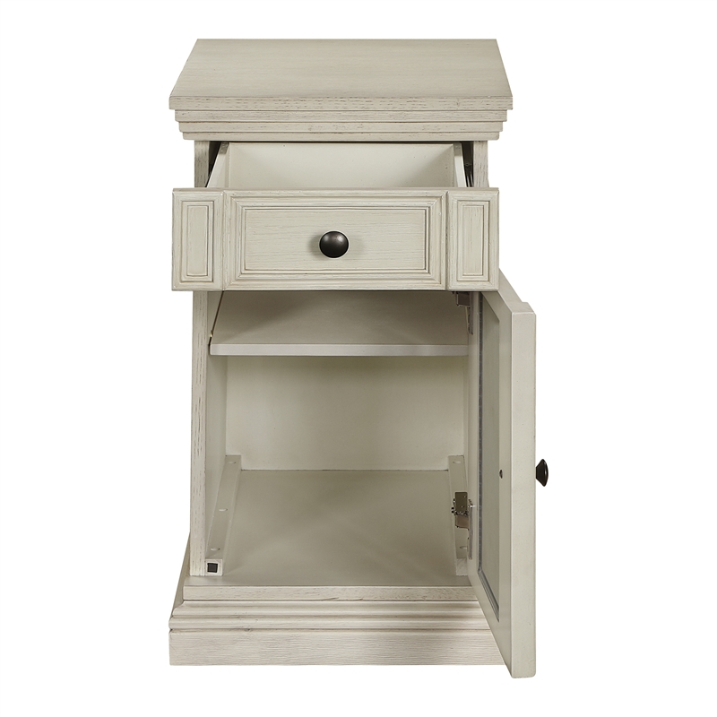 Scranton & Co White Wood Side Table with Drawer Glass Door and Charging