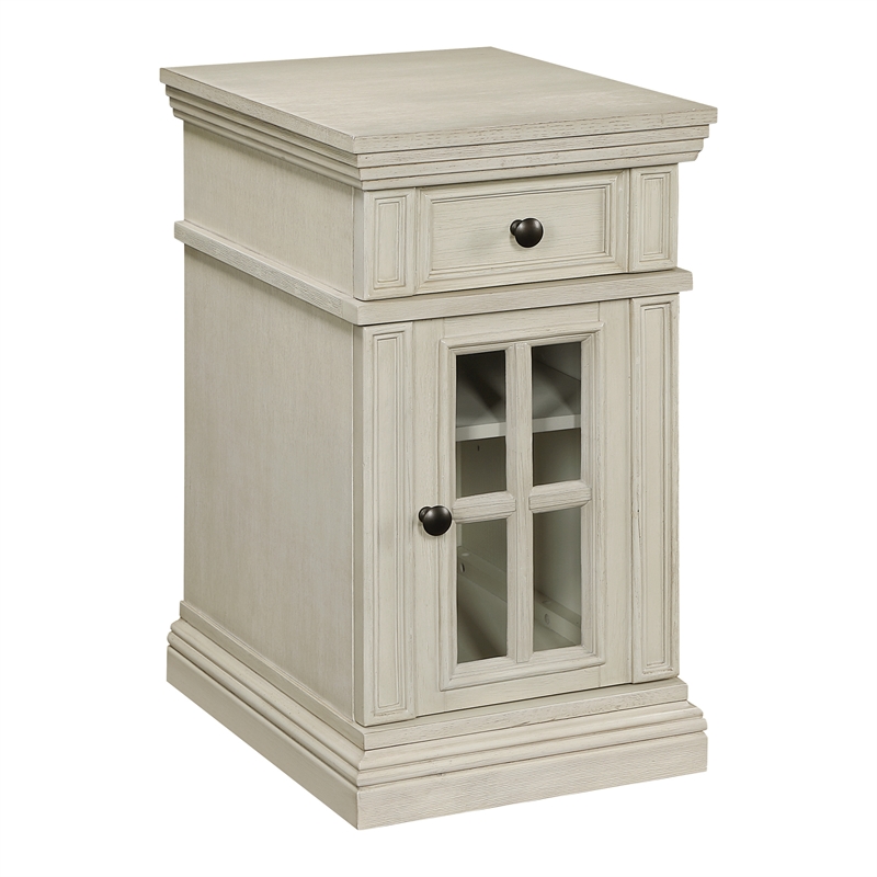 Scranton & Co White Wood Side Table with Drawer Glass Door and Charging