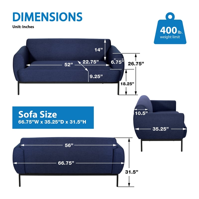 Scranton & Co Navy Fabric Sofa with Black Metal Legs Commercial Grade