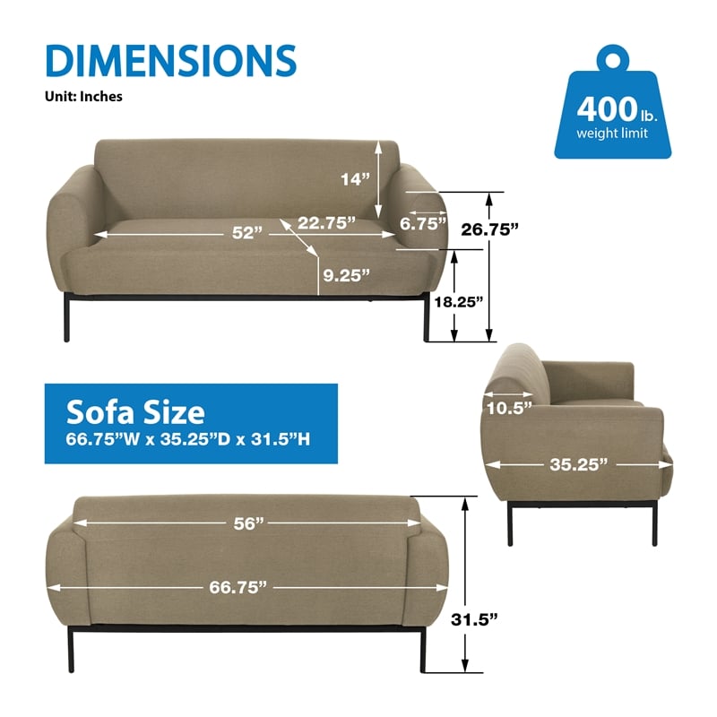 Scranton & Co Taupe Fabric Sofa with Black Metal Legs Commercial Grade