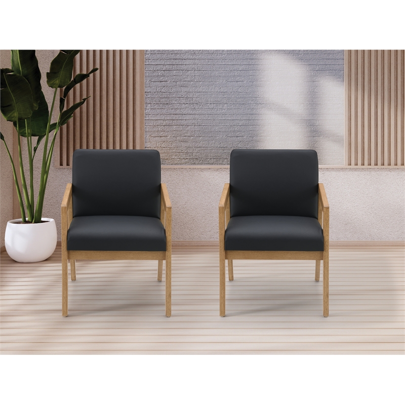Scranton & Co Black Faux Leather Visitor Chair with Medium Oak Wood Frame